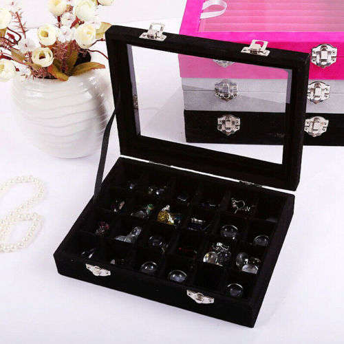 Jewellery Box Organizer Holder W/Glass Top Display Case Tray 24 Slots - 35 x 25 x 5cm