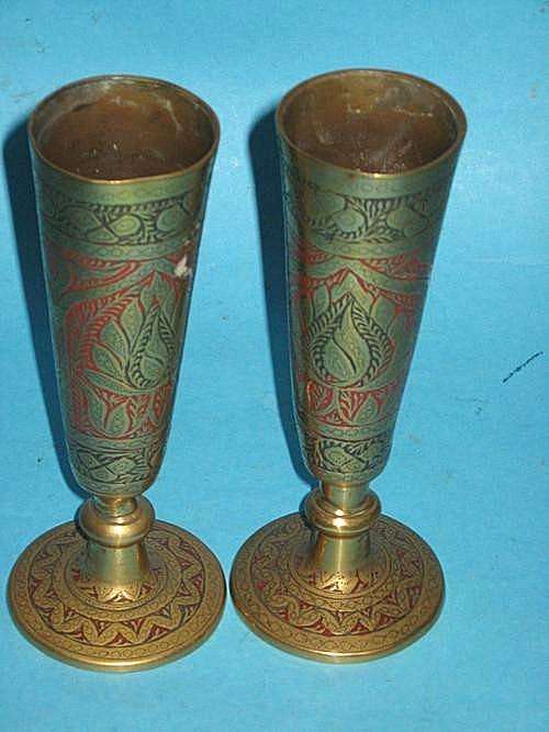 Pair of 14cm Tall Solid Brass and Enamel Vases / Goblets