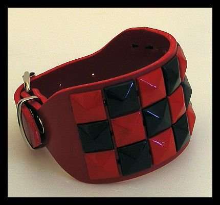 Rave / Trance / Goth Red and Black Check Leather Wristband