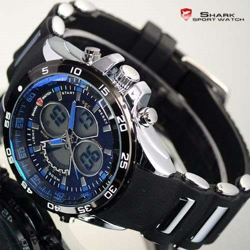 SHARK LCD DIGITAL CHRONOGRAPH DATE DAY ALARM RUBBER QUARTZ MEN SPORT WATCH + BOX