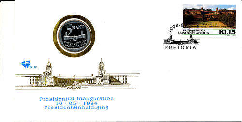 Nelson Mandela Presidential Inauguration 10/05/1994 with proof coin. Rare "Partial Steps" variety