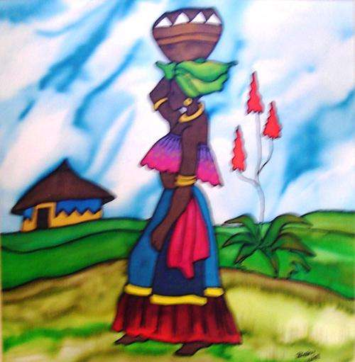 STUNNING SILK PAINTING - "LADY WITH POT"