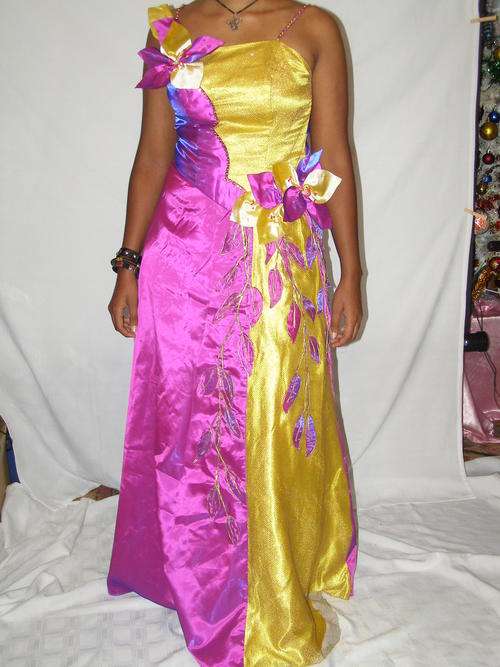 Exquisite purple and gold evening dress for a special occassion.