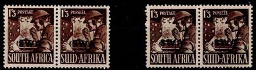 SWA 1943 SA War Effort ovprtd 1s/3d pairs in both shades VF UM