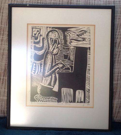 Linocut by David Hlongwane, "Dollar Brand"