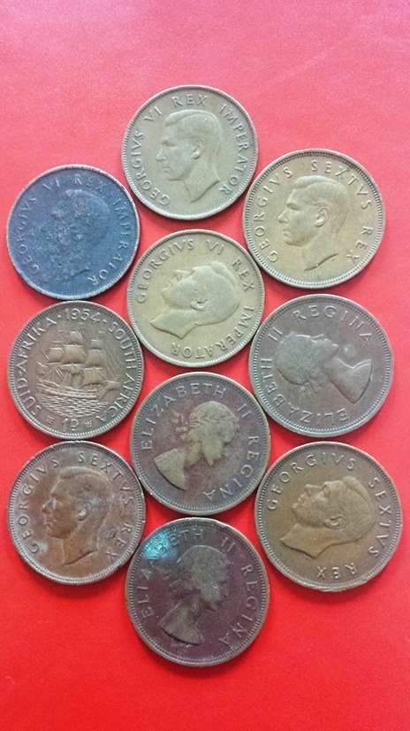 SCARCE 10 X UNION OF S.A. 1d (PENNY) COINS: 1941,1942,1949,1951(2),1952,1954(3),1956.. BID PER COIN!