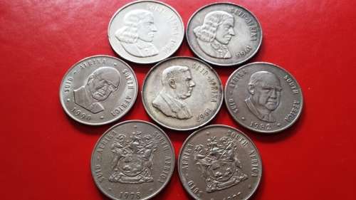 LOT OF 7 RSA OLD R1 COINS - INCL.1966 ENG & 1966 AFR &1967 AFR SILVER COINS. BID FOR THE LOT!