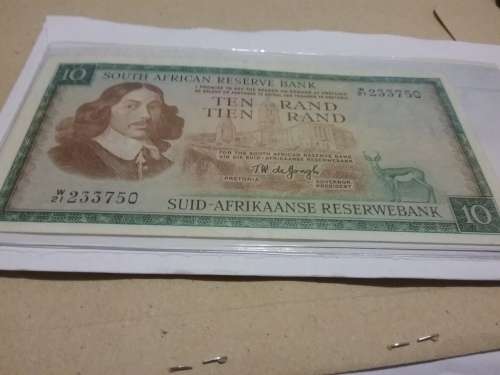 UNCIRCULATED CONDITION T.W. DE JONGH TEN / TIEN RAND. W21-233750. BRILLIANT. REPLACEMENT NOTE.