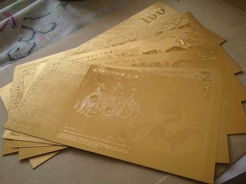 .999 FULL SET OF 7 AUSTRALIAN GOLD FOIL NOTES - 1, 2, 5 , 10,  20, 50 + 100 $ NOTES. BID PER NOTE.