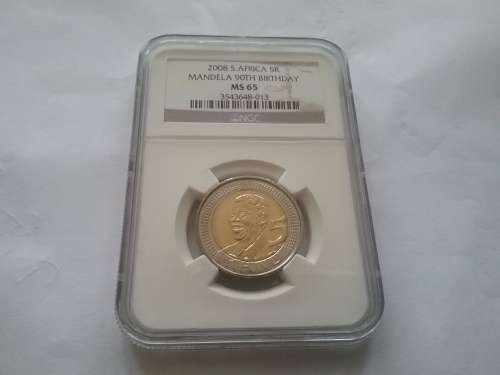 **MS65** NGC GRADED MANDELA R5 2008 BIRTHDAY. NOT OFTEN SEEN. ORIGINAL NGC LABEL.