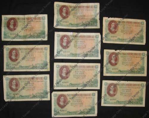 * MORE THAN HALF A CENTURY OLD! 10x1962 RISSIK R10 NOTES- CIRCULATED CONDITION. COLLECTOR'S DREAM.