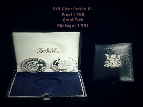SR1 - PROOF SILVER PROTEA 1988 GROOT TREK R1 IN ORIGINAL SA MINT BOX.  MINTAGE 7943. RARE!!!
