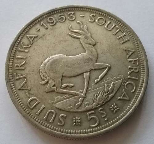 80% SILVER - 1953 UNION OF SOUTH AFRICA CROWN / FIVE SHILLINGS - RARE.