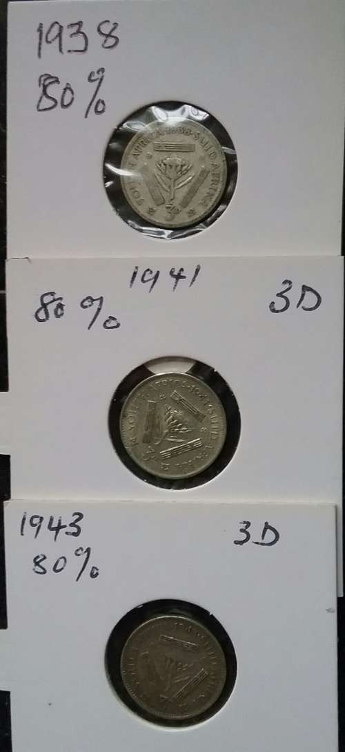 80% SILVER THREE PENCE COINS - 1938, 1941, 1943. BID PER COIN TO TAKE ALL 3.