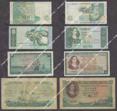4 x TEN RAND NOTES DEPICTING THE EVOLUTION OF THE SOUTH AFRICAN R10 NOTE. SEE IMAGES.