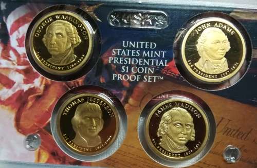 USA PRESIDENTIAL PROOF SET *** WASHINGTON, ADAMS, JEFFERSON, MADISON : ENCAPSULATED IN PROOF BOX.