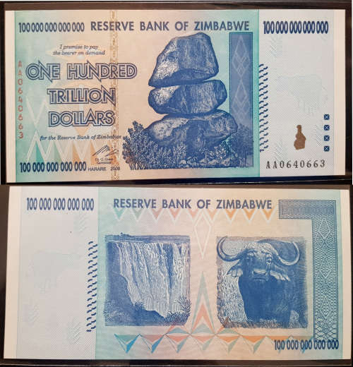 Zimbabwe 100 Trillion Dollar Banknotes serial number AA0640663 UNC  2008 issued