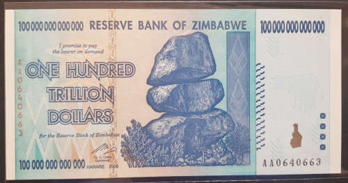 Zimbabwe 100 Trillion Dollar Banknotes serial number AA0640663 UNC  2008 issued