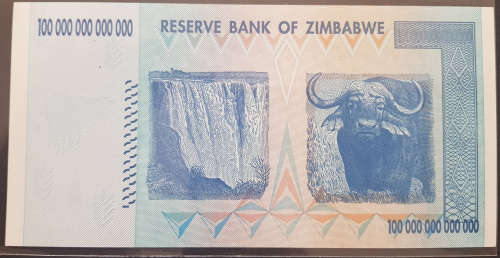 Zimbabwe 100 Trillion Dollar Banknotes serial number AA0640663 UNC  2008 issued