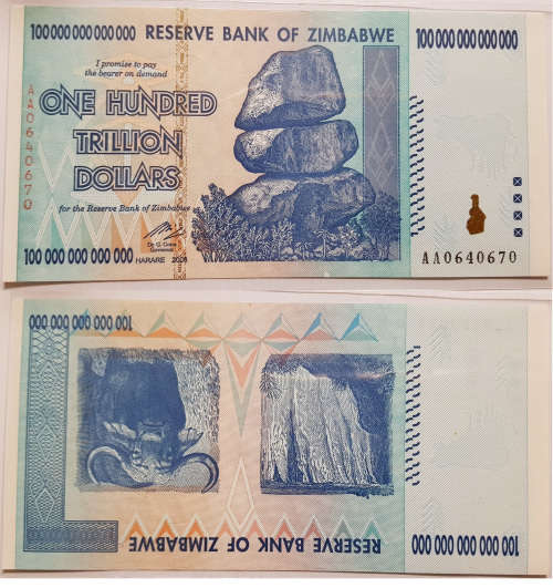 Zimbabwe 100 Trillion Dollar Banknotes serial number AA0640670 UNC  2008 issued
