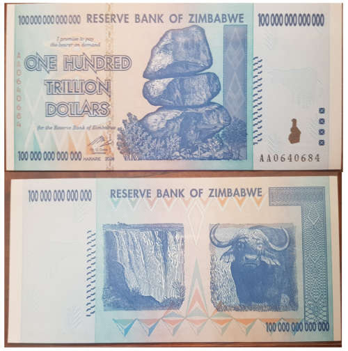 Zimbabwe 100 Trillion Dollar Banknotes serial number AA0640684 UNC  2008 issued