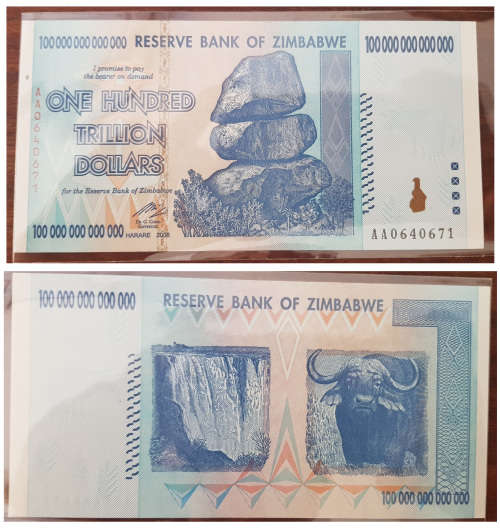 Zimbabwe 100 Trillion Dollar Banknotes serial number AA0640671 UNC  2008 issued