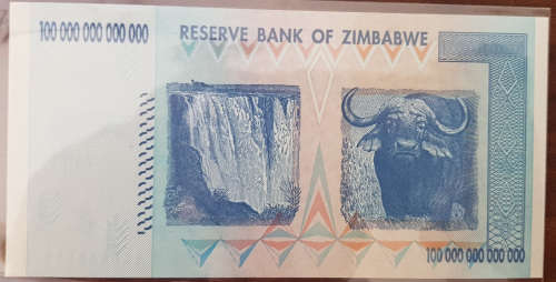 Zimbabwe 100 Trillion Dollar Banknotes serial number AA0640671 UNC  2008 issued