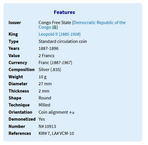 Congo Free State 2 Francs KM# 7 1894