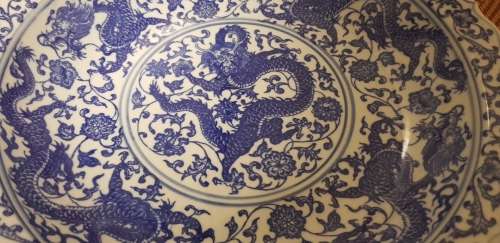 A Blue and White Nine-Dragon Plate Made in the Qianlong Period of the Qing Dynasty Antique Porcelain