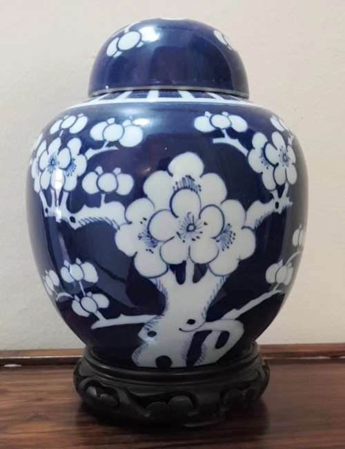 Early 20th Century Chinese Kangxi Style Blue and White Cherry Blossom Ginger Jar