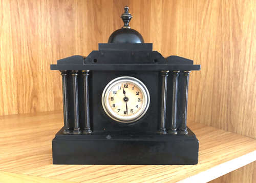 ANTIQUE SLATE MANTEL CLOCK, MECHANICAL