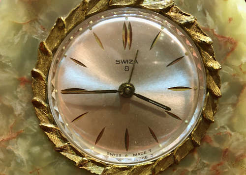 SWIZA 8 DAYS WINDING ALARM CLOCK, MARBLE AND BRASS