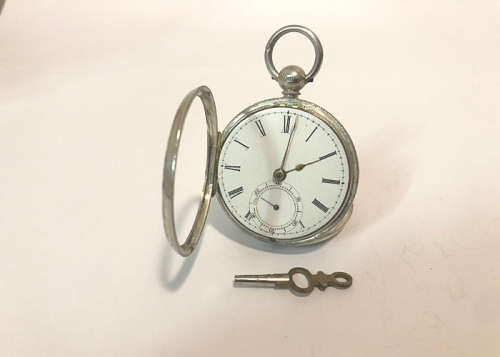 ANTIQUE POCKET WATCH, FUSEE MOVEMENT, KEY WINDING, SILVER CASE MADE IN CHESTER, UK, IN 1867