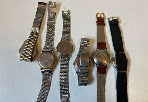 Six Vintage Watches,Seiko, Orient, Osco, Citizen for spares or repairs