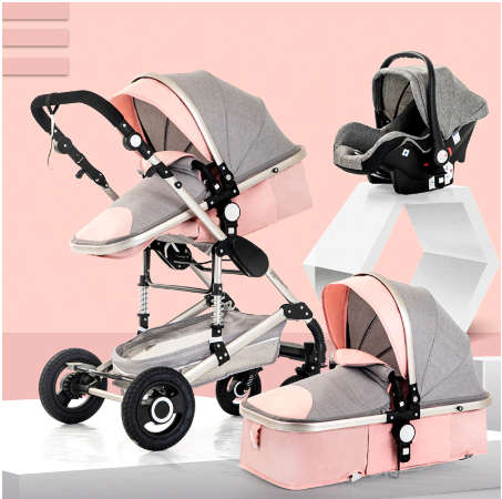 Brand Baby Pram / Stroller - 3 in 1 Function Foldable Baby Pram with Car Seat- Pink and Grey