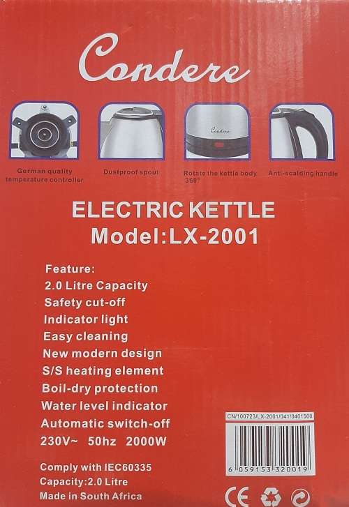 Condere 2L Kettle, cordless, new design, dustproof spout, 360° rotating body,