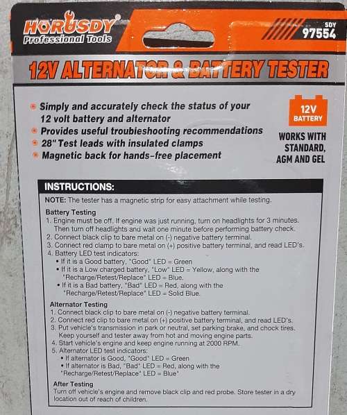 12V Battery Tester & Alternator tester, magnetic back, works with standard, AGM and Gel