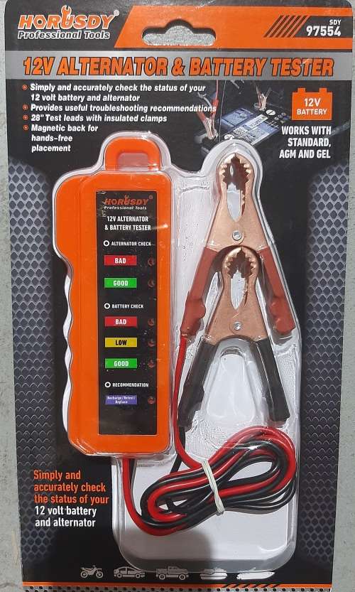 12V Battery Tester & Alternator tester, magnetic back, works with standard, AGM and Gel