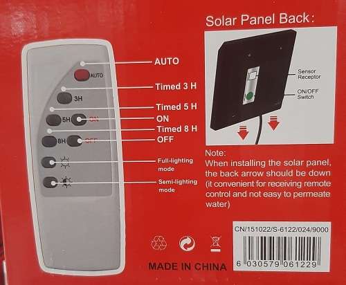 Solar Wall Lamp LED IP65 20W, time switch, remote included