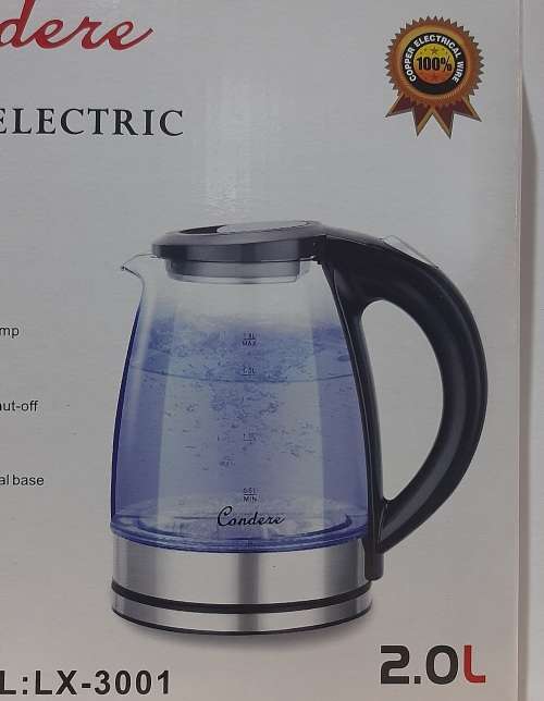 Condere Glass Electrical Kettle, 2L, LED blue lamp, 360° rotating base, high quality stainless steel