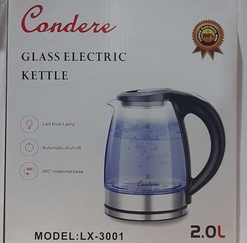 Condere Glass Electrical Kettle, 2L, LED blue lamp, 360° rotating base, high quality stainless steel