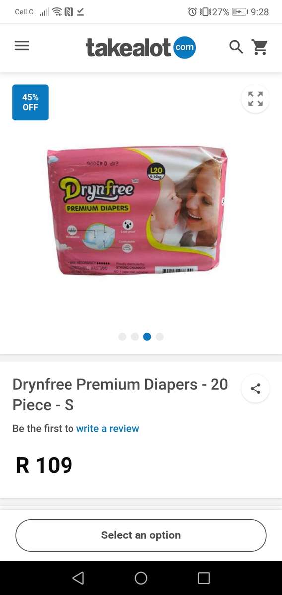 9-14kg DrynFree Premium Diapers - 20 Piece large nappies, Takealot price R109