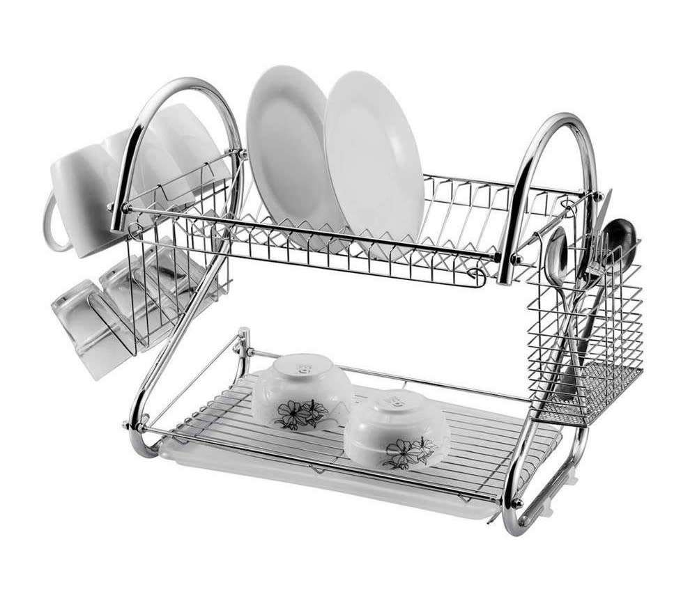 2-Layer Dish Drainer Rack, with tray, Glass Hanger, Cutlery Holder, durable steel, chrome Plated