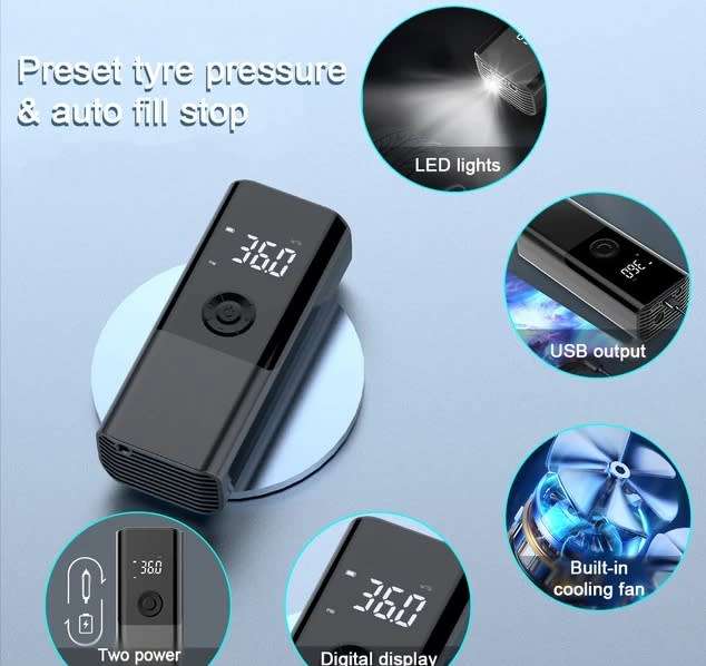 Car air pump, LED digital display, real-time display current tyre pressure, with built-in flashlight