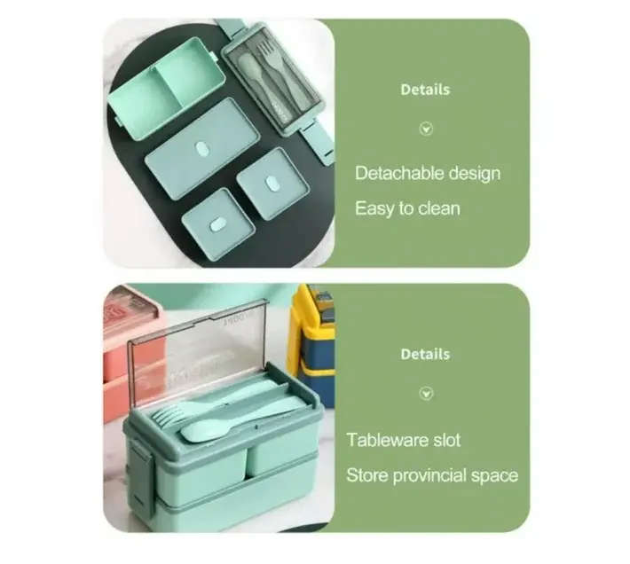 2 Layer 1400ml Lunch Box with Spoon and Fork Green