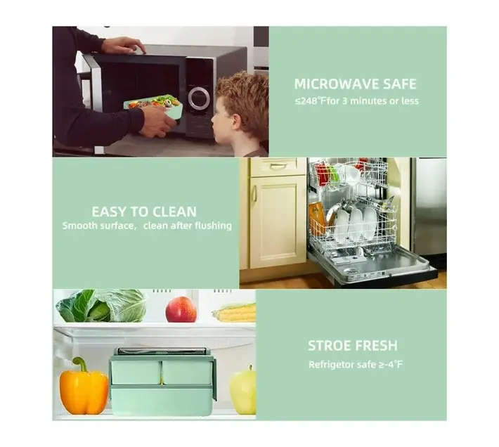 2 Layer 1400ml Lunch Box with Spoon and Fork Green