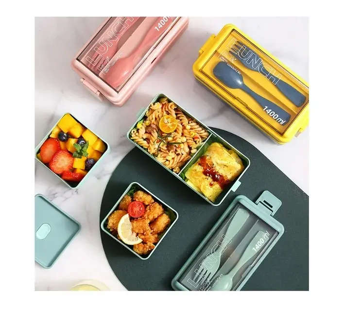 2 Layer 1400ml Lunch Box with Spoon and Fork Green