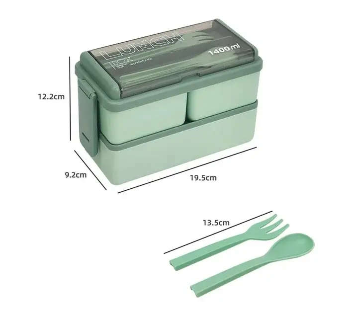 2 Layer 1400ml Lunch Box with Spoon and Fork Green
