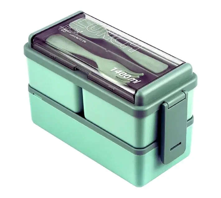 2 Layer 1400ml Lunch Box with Spoon and Fork Green