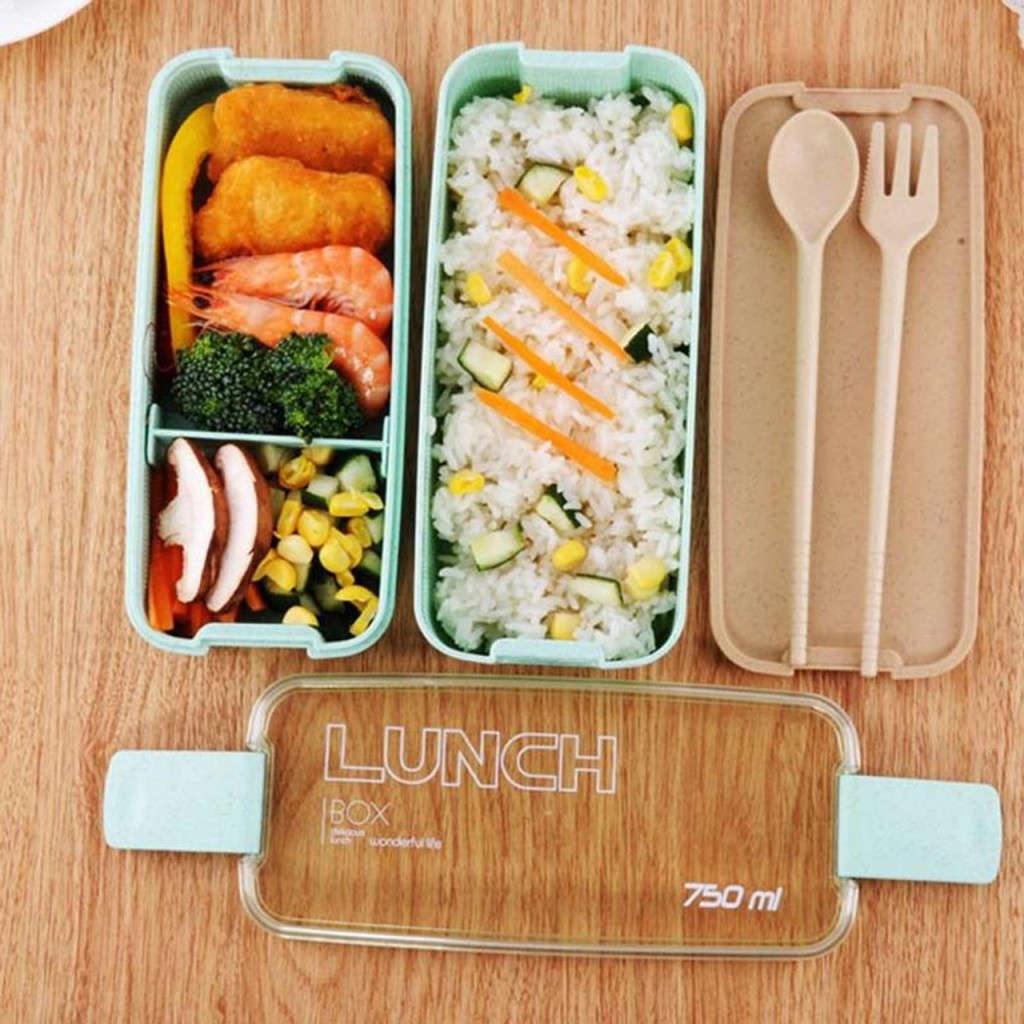 900ml Eco-Friendly 3-Layer Microwavable Lunchbox with Cutlery - Green